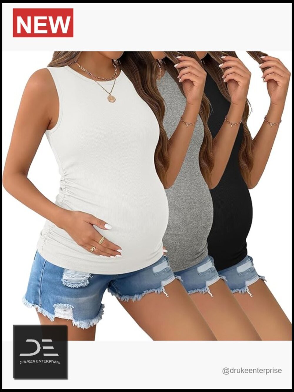 3 Pack Maternity Tank Tops Crew Neck Ribbed Pregnancy Shirts Side Ruched